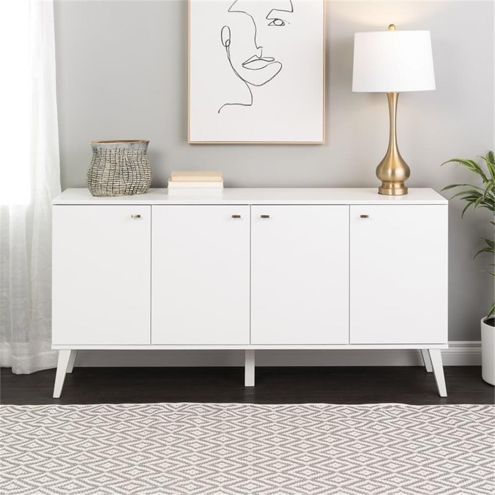 Milo Mid-Century Modern 4 Door Buffet Server White - Prepac: Laminated Storage Cabinet, CARB Certified