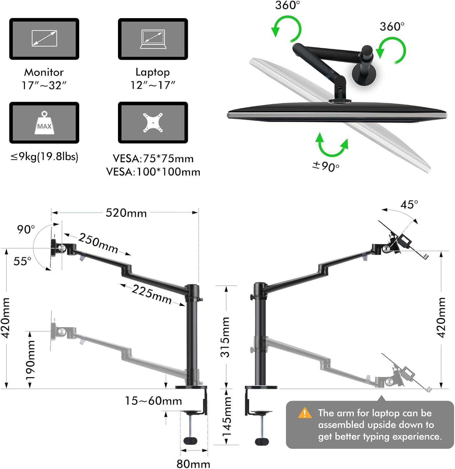 Viozon Monitor and Laptop Mount, 2-in-1 Adjustable Dual Arm Desk Mounts Single Desk Arm Stand/Holder for 17 to 32 Inch LCD Computer Screens, Extra Tray Fits 12 to 17 inch Laptops (Black)