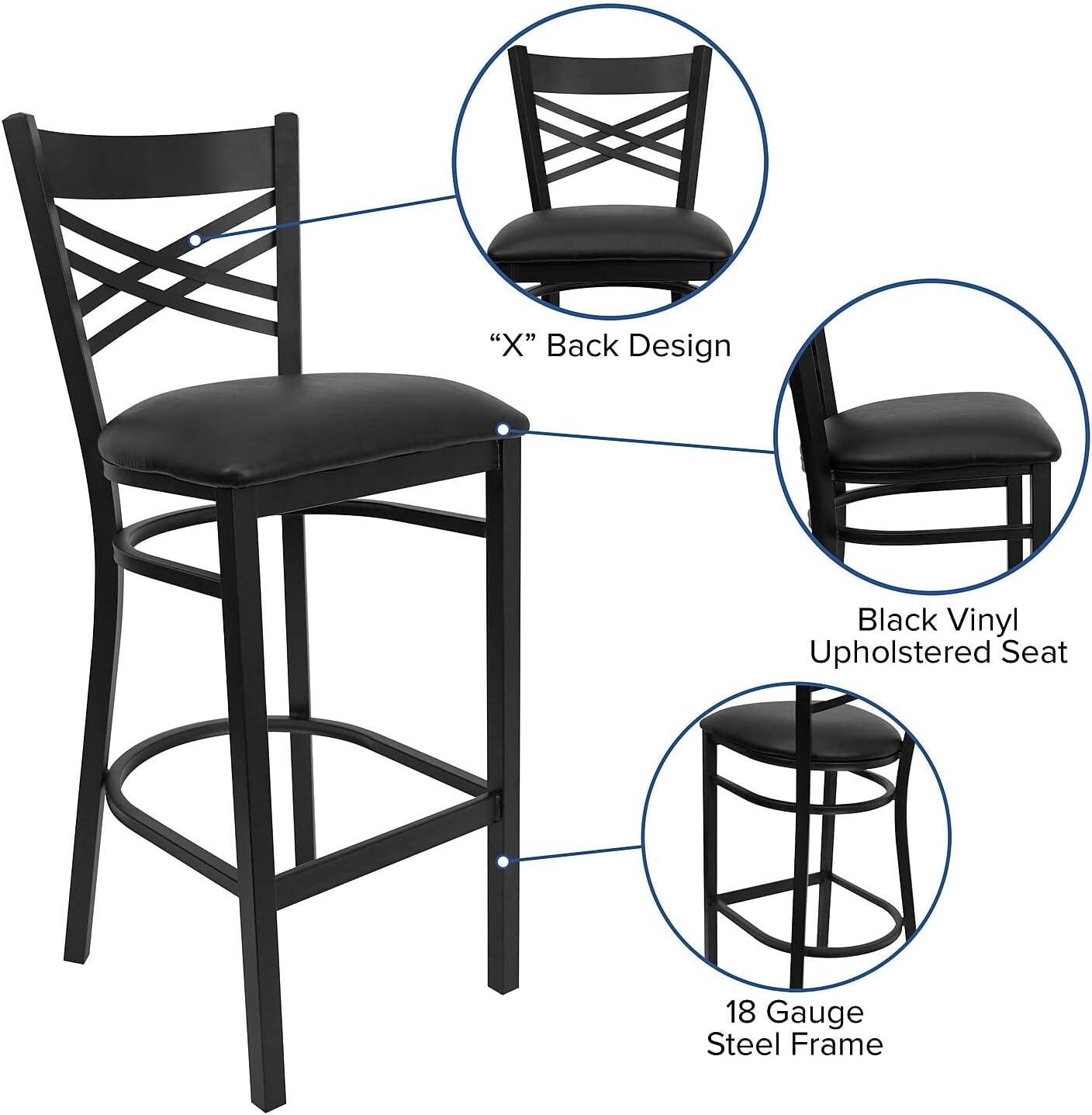 Elegant Black Metal Barstool with X-Back & Black Vinyl Seat