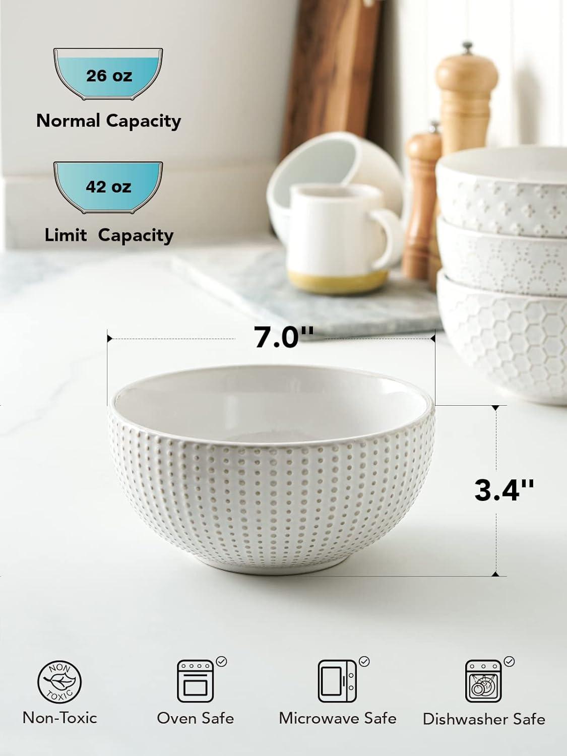 Winston Porter Large Soup Bowl 42 OZ, Ceramic Kitchen Bowl Set For Soup, Pho, Chip, Pasta, Fruits, Salad, Noodle And Ramen- 7 Inch, Set Of 4, Arctic White