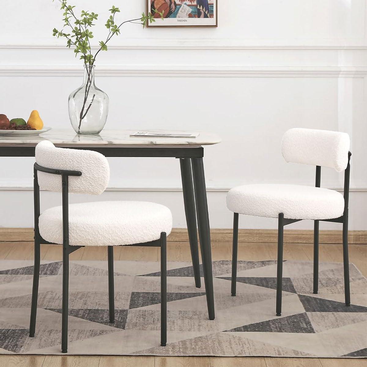 White Boucle Upholstered Dining Side Chairs with Black Metal Legs, Set of 2