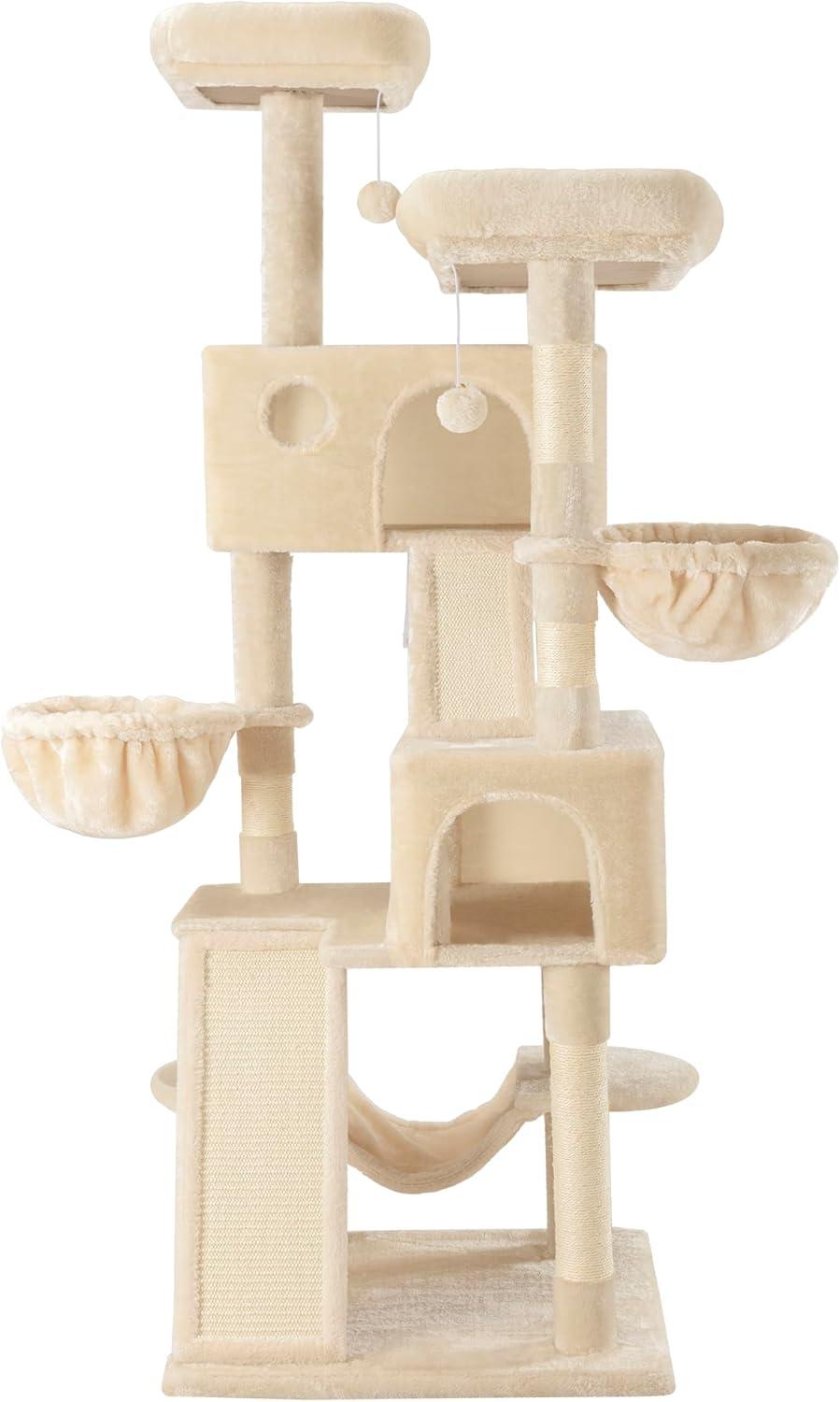 65in Larger Cat Tree Tower Condo for Indoor Cats, Multi-Level Furniture Activity Center with Wide Base/Cozy Plush Cat Perches/Baskets/Sisal Scratching Posts and Hammock/Beige