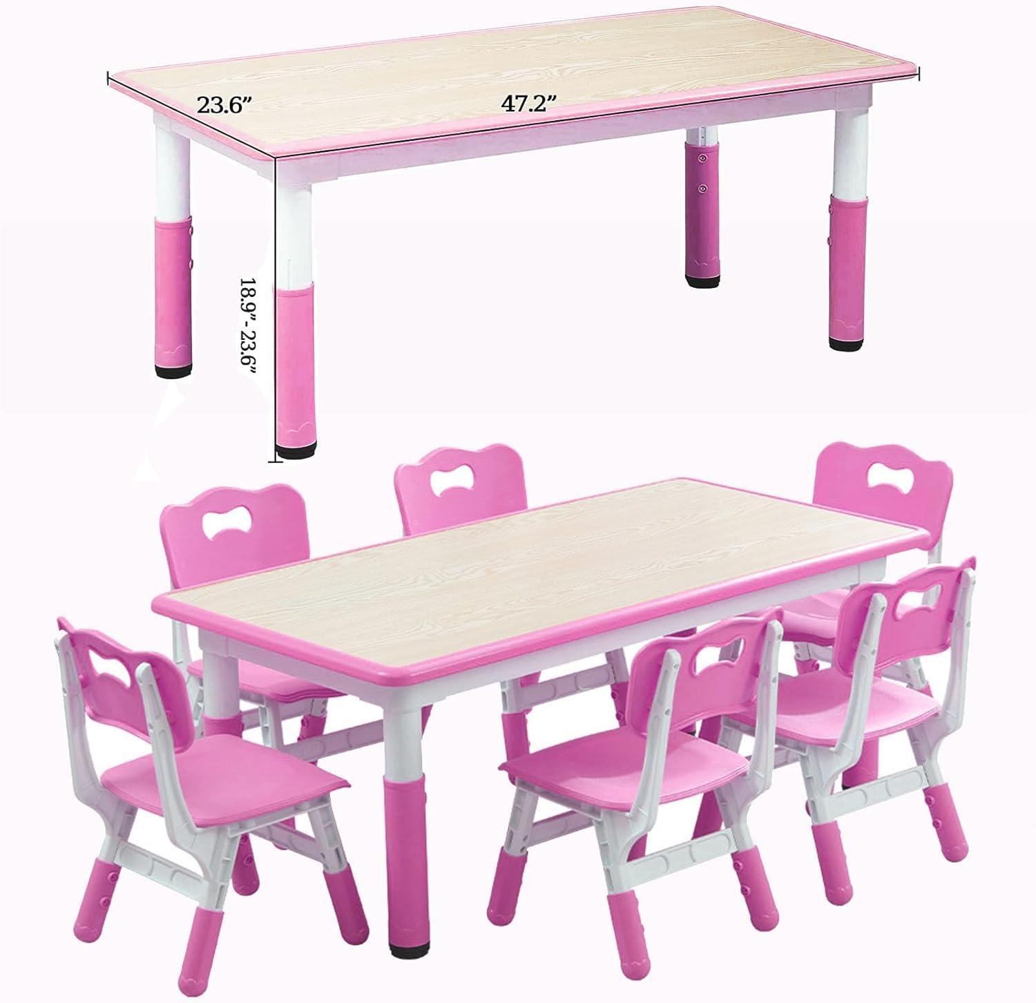 Kids Table and Chairs Set, Height Adjustable Desk With 6 Seats for Ages 2-10,Arts & Crafts Table,Graffiti Desktop, Non-Slip Legs, Max 300lbs, Children Multi-Activity Table for Classrooms,Daycares,Home