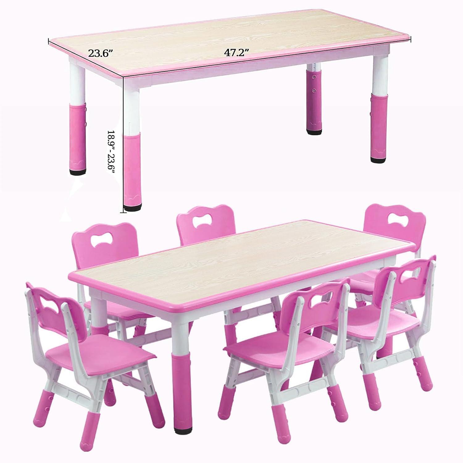 Kids Table and Chairs Set, Height Adjustable Desk With 6 Seats for Ages 2-10,Arts & Crafts Table,Graffiti Desktop, Non-Slip Legs, Max 300lbs, Children Multi-Activity Table for Classrooms,Daycares,Home