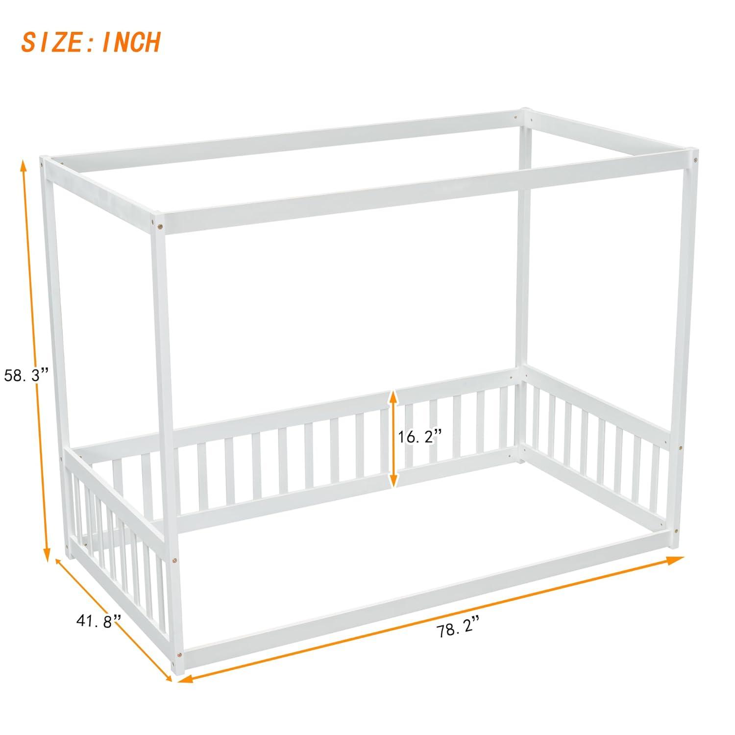Twin Bed Frame with Fence, Modern Platform Bed Frame Canopy Floor Bed with Guardrail, Solid Wood Twin Bed Frame No Box Spring Needed Cute Montessori Floor Bed, Easy Assembly, White
