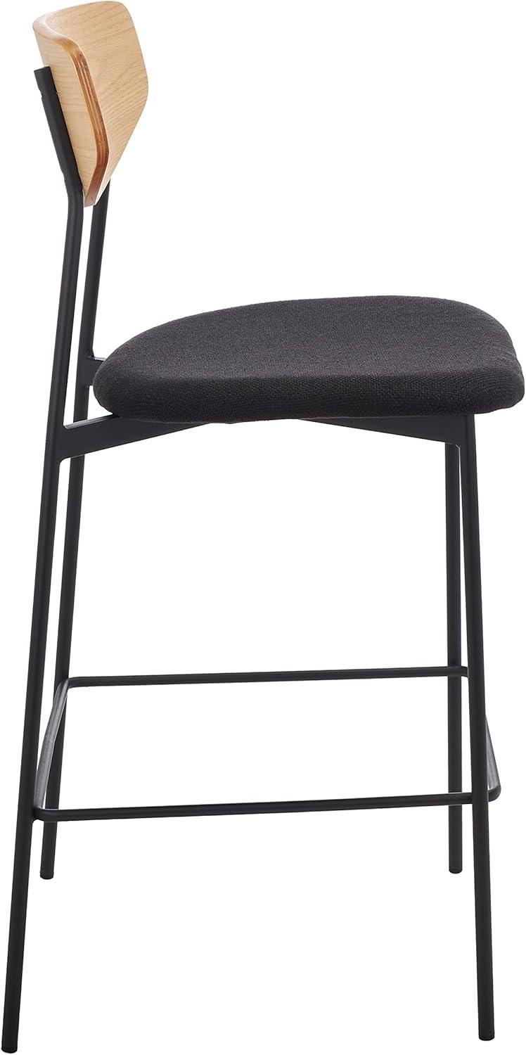 Mid-Century Oak and Black Iron Saddle Counter Stool