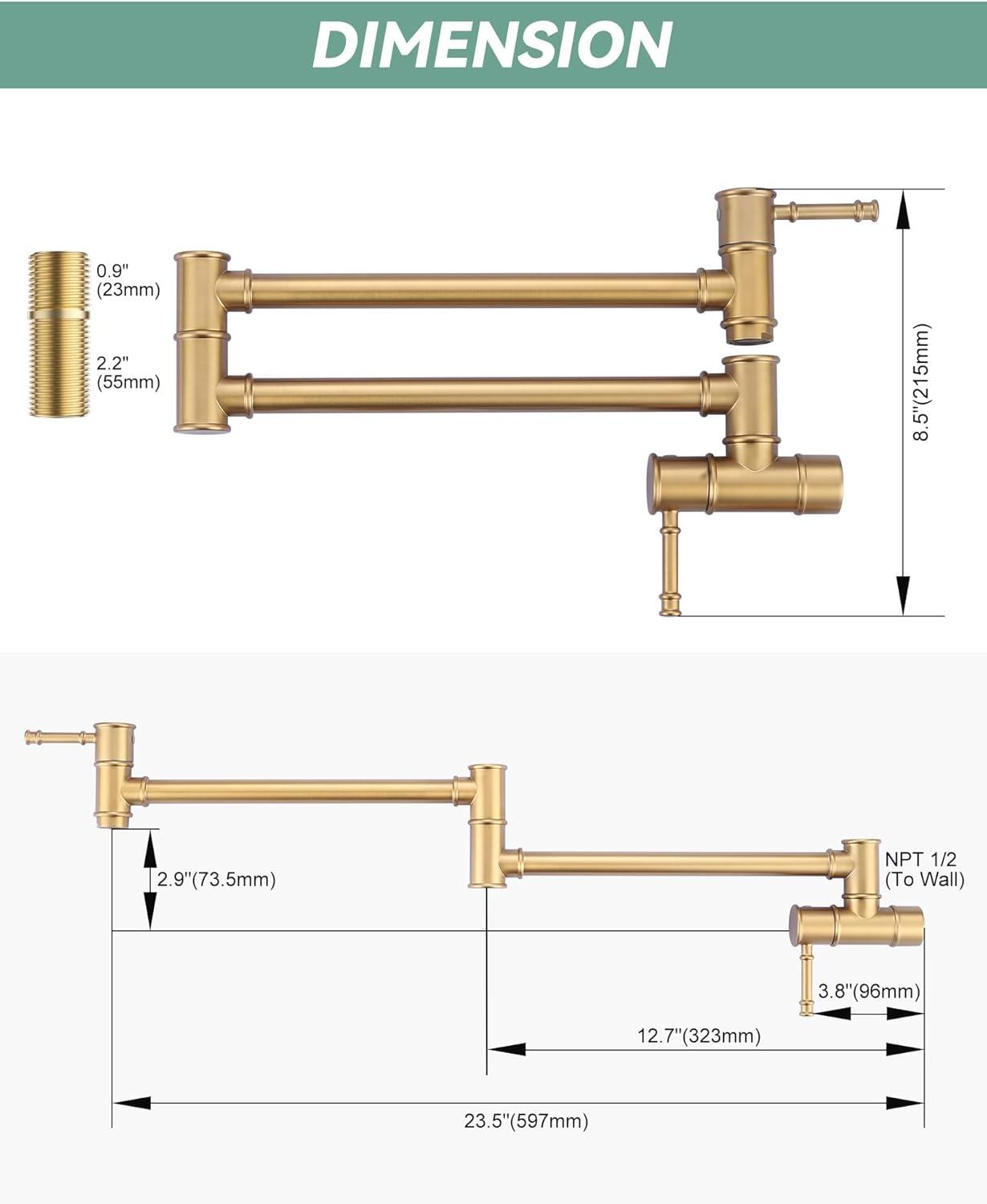 Brushed Gold Wall Mount Double Handle Pot Filler Faucet