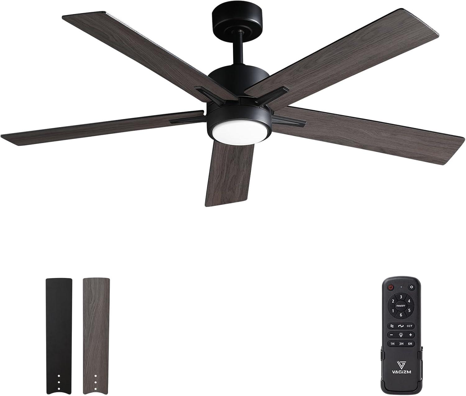 Vagizm Ceiling Fan with Light Remote: 52 inch Modern Bedroom Fans with Dimmable Tri-Color Temperature LED - Quiet Reversible DC Motor - Indoor Outdoor