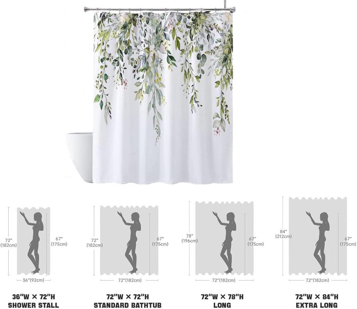 Eucalyptus Watercolor Leaves Semi-Sheer Waterproof Shower Curtain