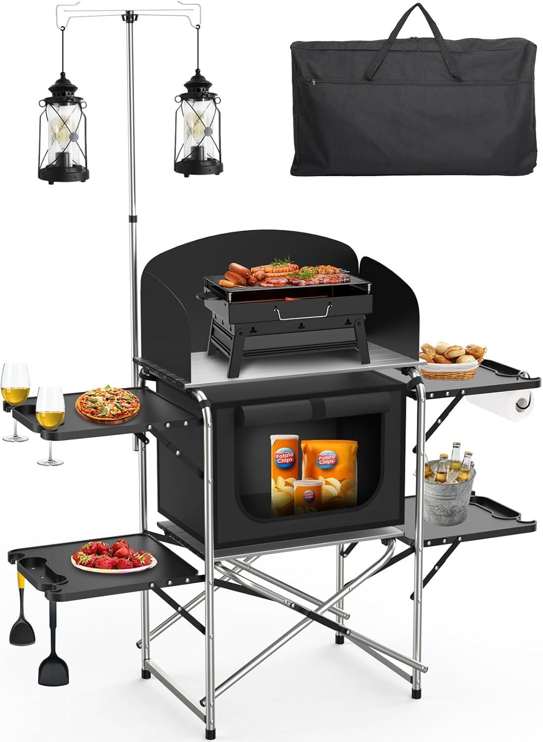 Black Aluminum Portable Camping Kitchen Table with Storage and Windscreen