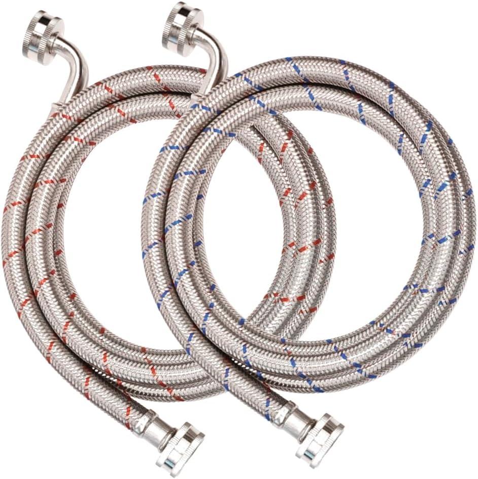 Premium Stainless Steel Washing Machine Hoses with 90 Degree Elbow, 6 Ft Burst Proof 2 Pack Red and Blue Striped Water Connection Inlet Supply Lines - Lead Free