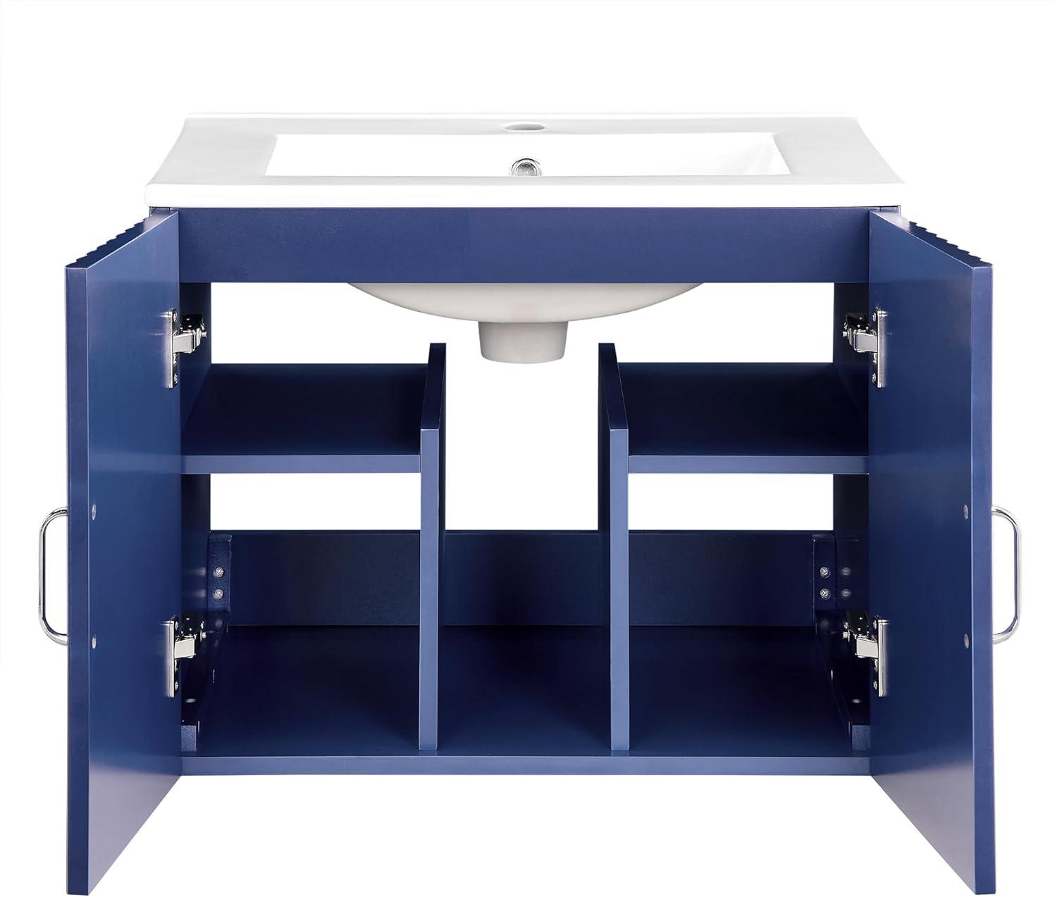 Blue Wall-Mounted Bathroom Vanity with White Resin Sink