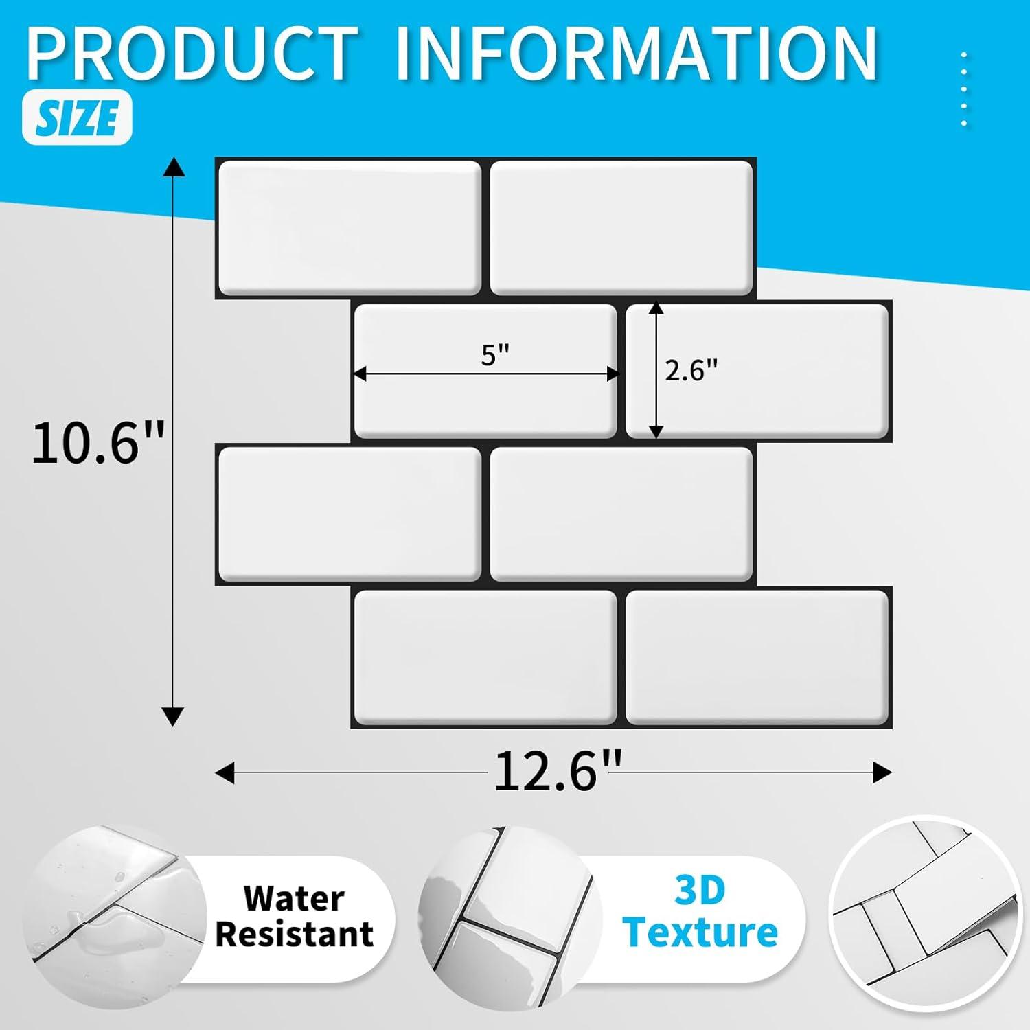 White Rectangular Peel and Stick Faux Ceramic Tiles