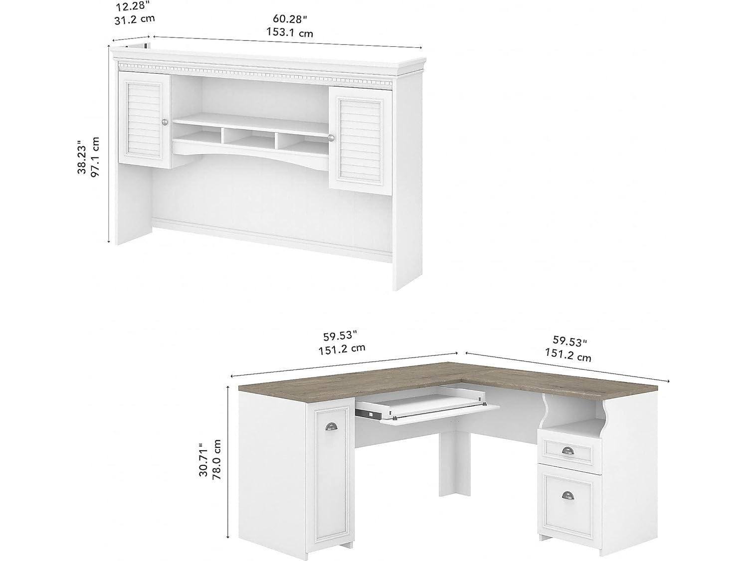 Bush Furniture Fairview 60" W L Shaped Desk with Hutch, White/Gray