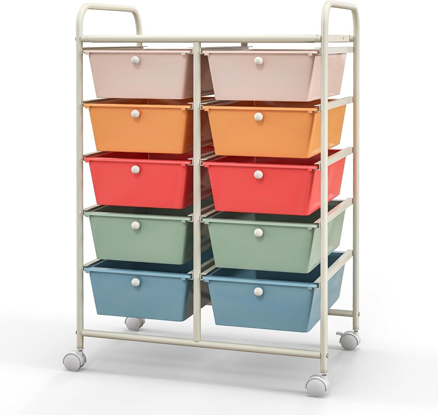 Tangkula 10-Drawer Rolling Storage Cart Tools Scrapbook Paper Organizer on Wheels Macaron