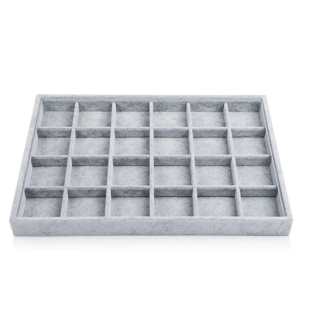 Coofanin Jewelry Box Jewelry Tray Stackable Display Drawer Showcase Organizer Storage Holder for Ring Earring Bracelet Gray Velvet 24 Grid (Grey )