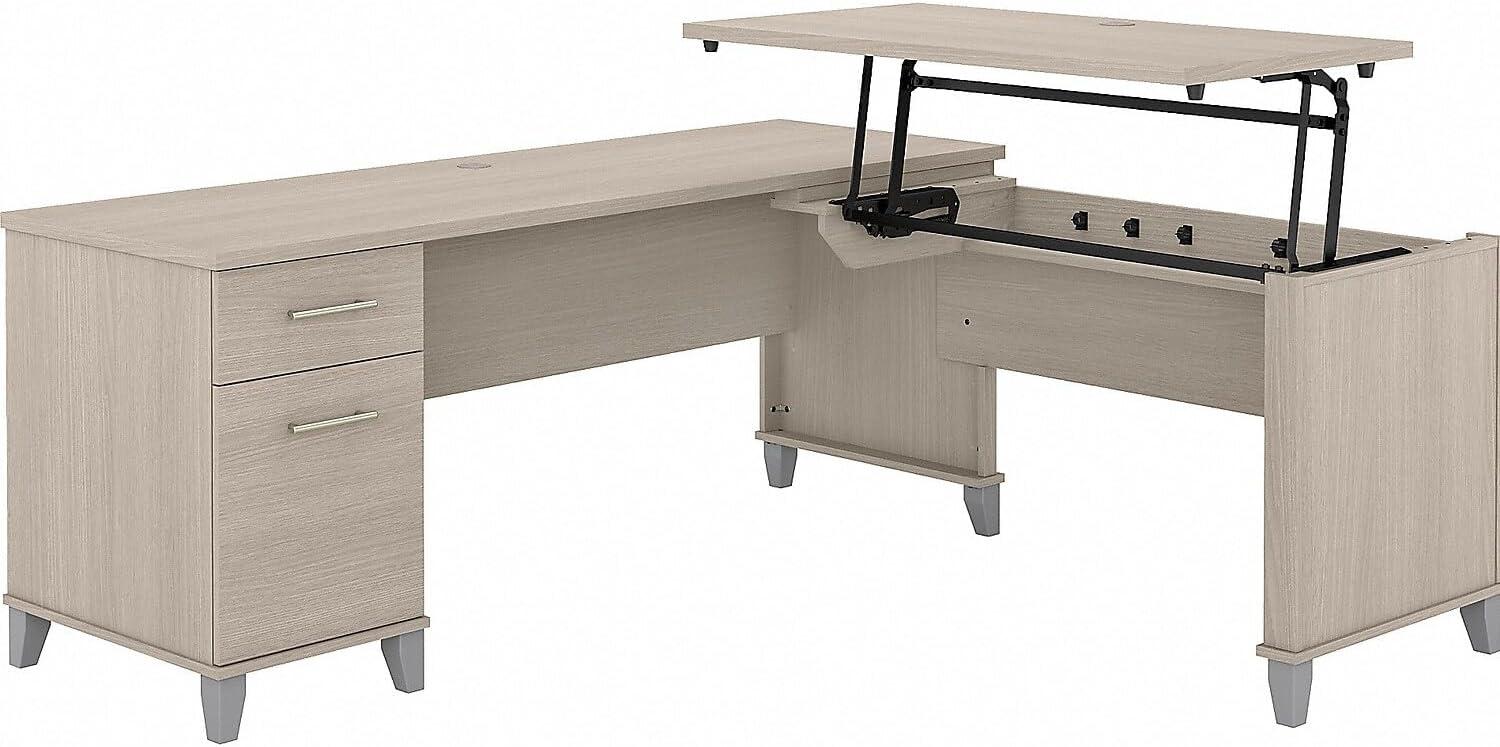 Transitional Sand Oak Adjustable L-Shaped Desk with Drawers