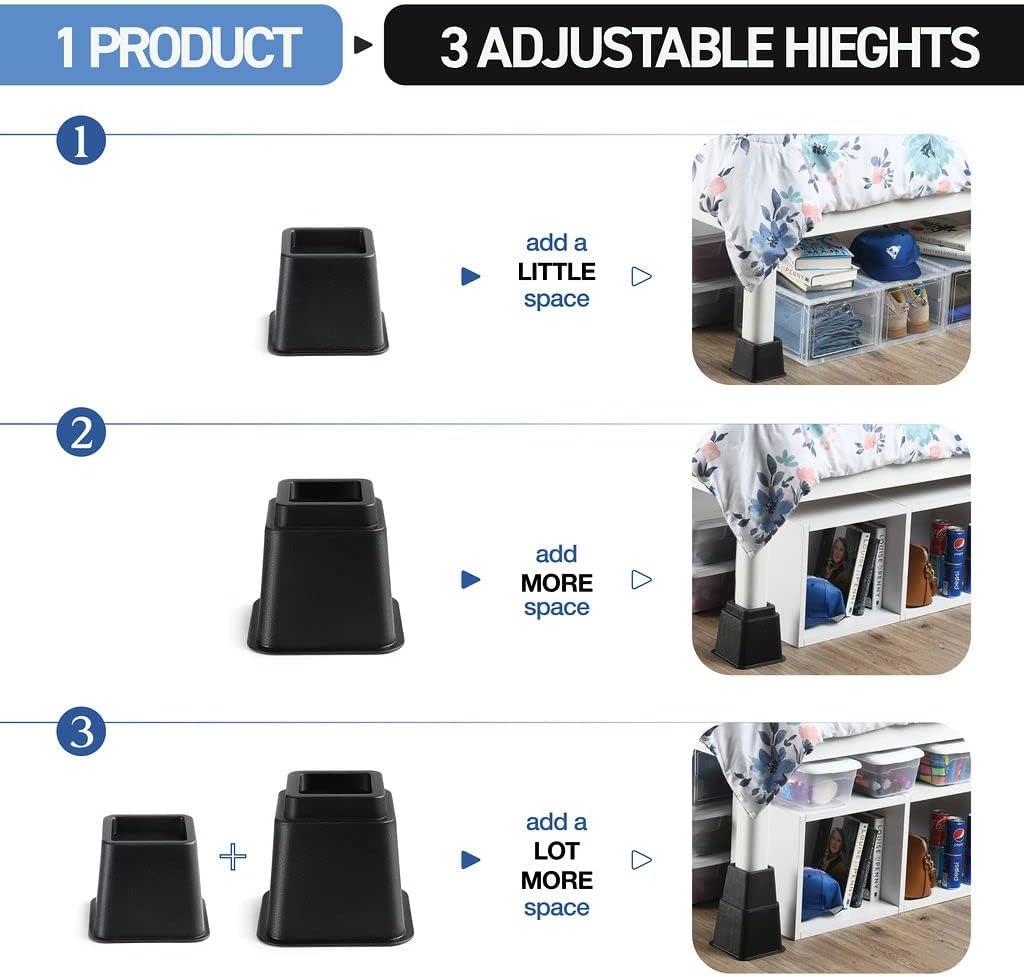 8 Pack Bed Risers, Heavy Duty Bed Furniture Risers, Adjustable Bed Elevators in Heights 3 or 5 inch, Stackable Risers for Sofa, Chair, Desk, Table Legs, Black