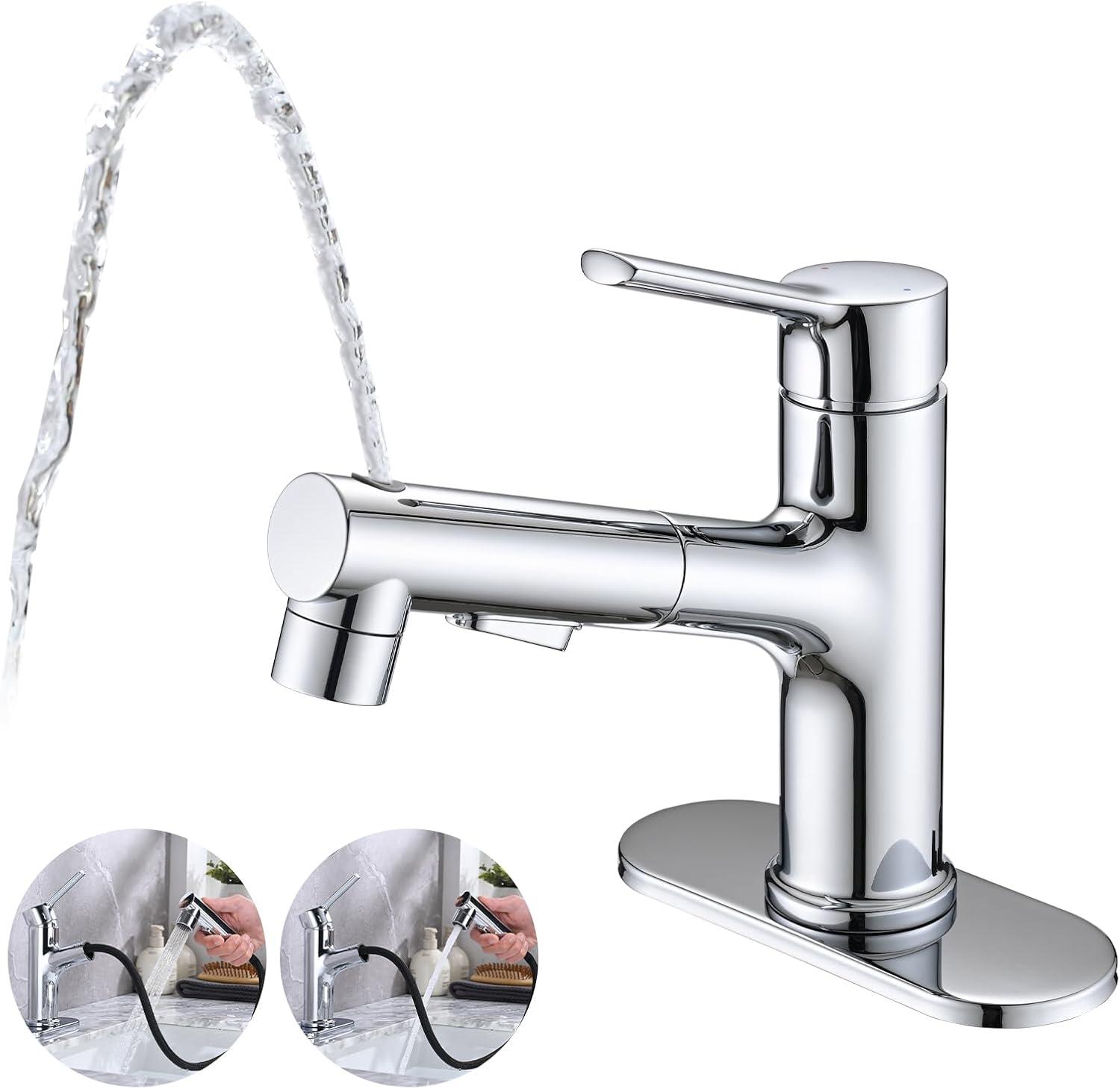 Chrome Single Handle Bathroom Faucet with Pull Out Sprayer