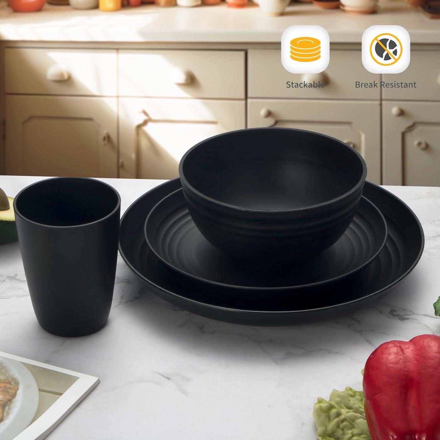 32 Pcs Wheat Straw Dinnerware Sets,Plastic Plates and Bowls Sets for 8,Unbreakable Dinnerware Set,Reusable Lightweight Black Dish Set for Kitchen,Camping,Party,RV,Dishwasher Microwave Safe