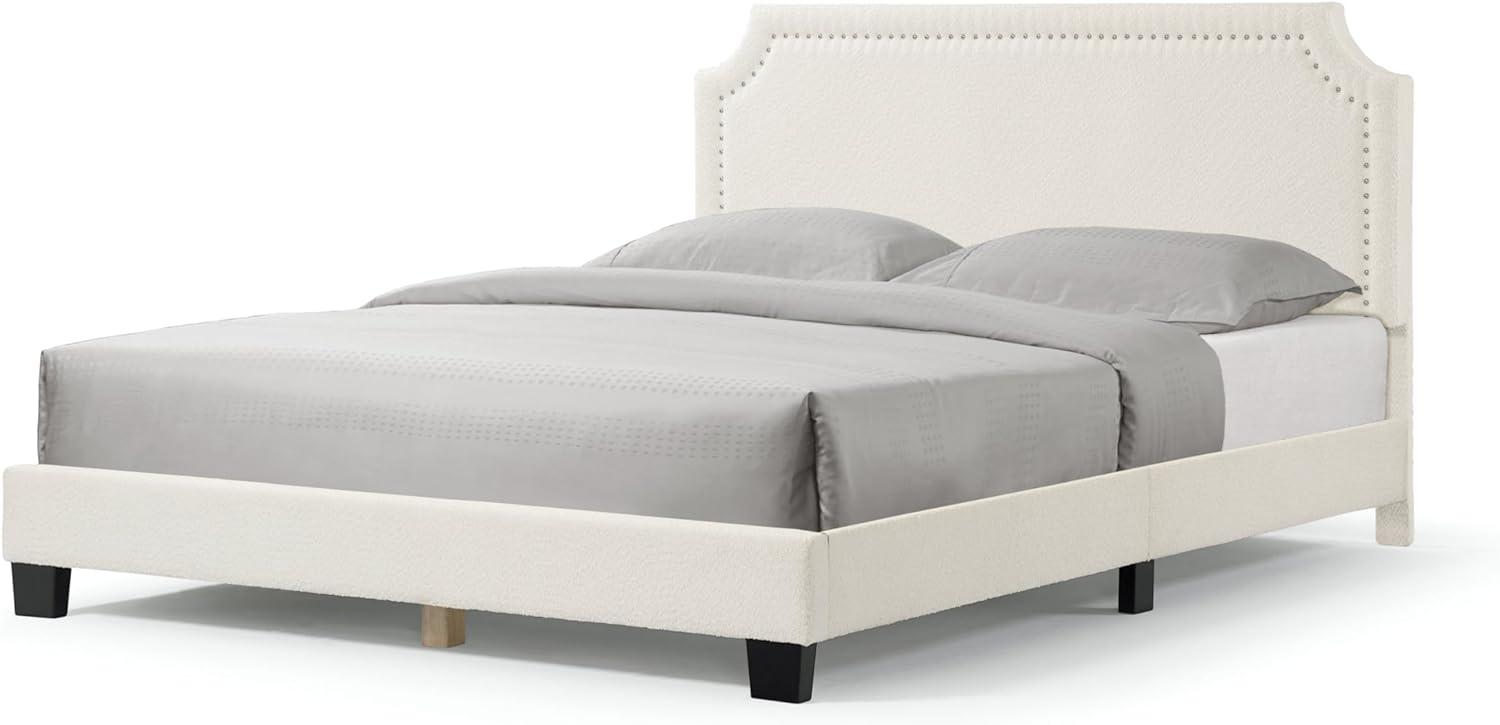 24/7 Shop At Home Queen Heartwild Modern Boucle Upholstered Nailhead Trim Platform Bed White: Polyester, Wood Frame, No Box Spring Needed