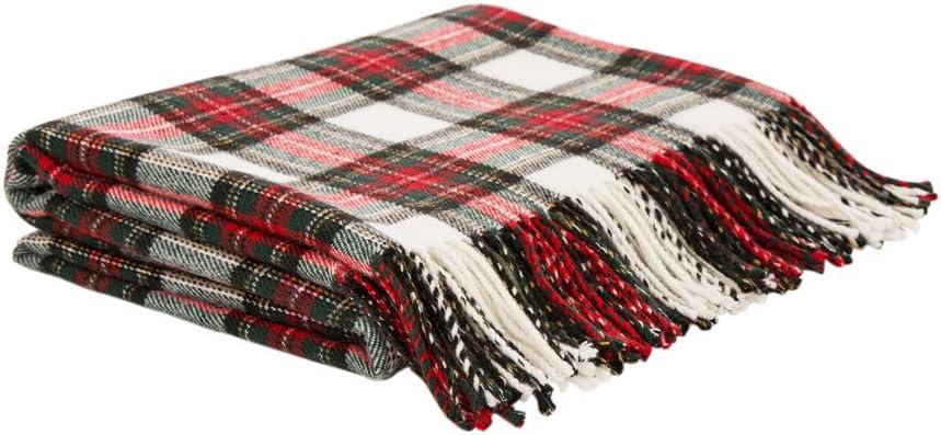 Red and White Plaid Acrylic Fringe Throw Blanket