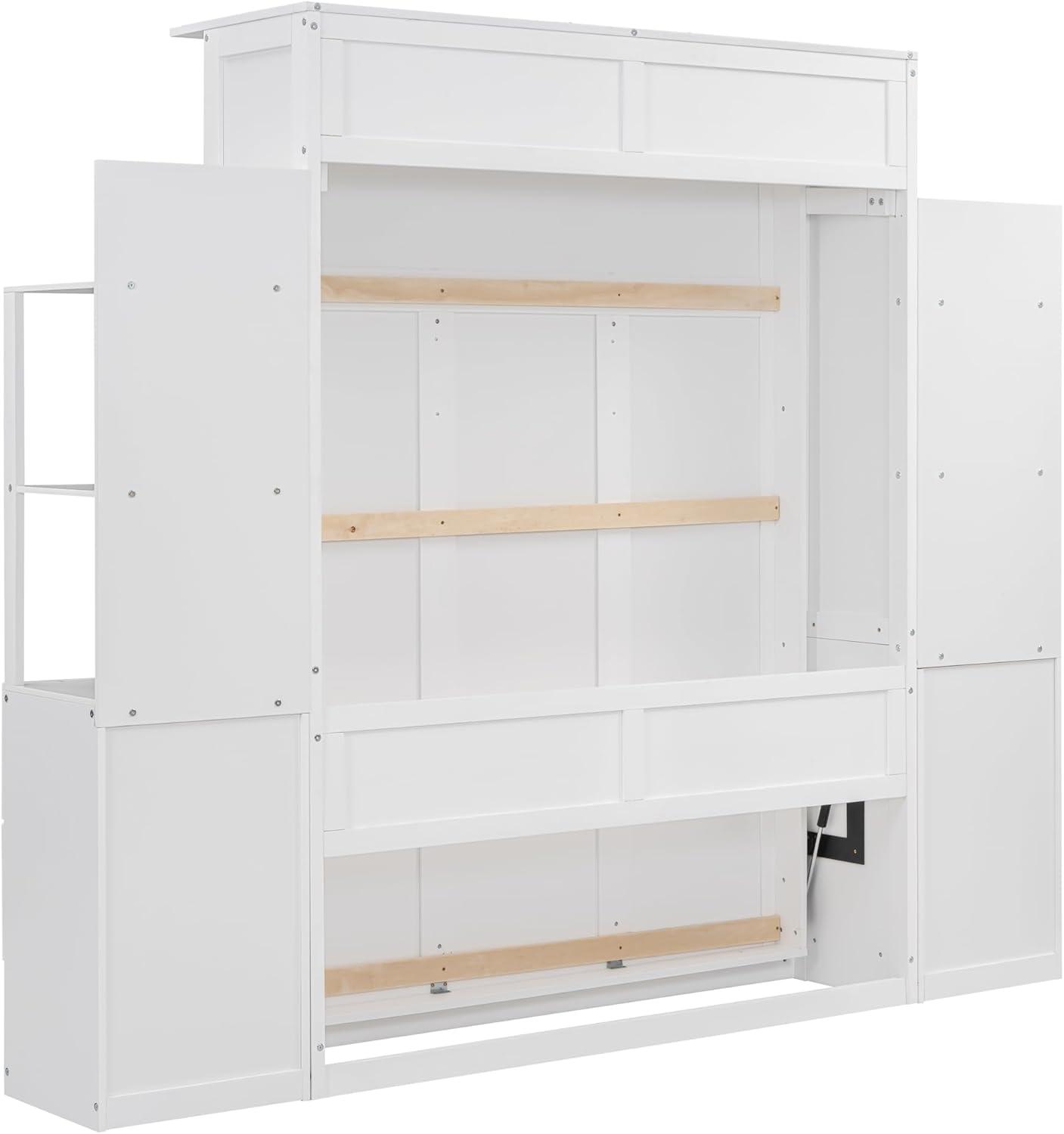 Harper & Bright Designs Full Size Murphy Bed Wall Bed with Storage Shelves, Drawers and LED Lights, Space-Saving for Multipurpose Guest Room or Home Office, White