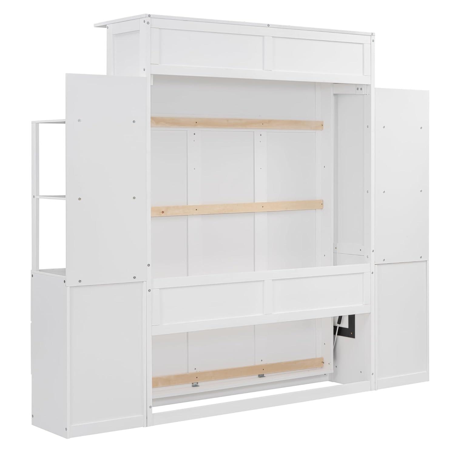 Harper & Bright Designs Full Size Murphy Bed Wall Bed with Storage Shelves, Drawers and LED Lights, Space-Saving for Multipurpose Guest Room or Home Office, White
