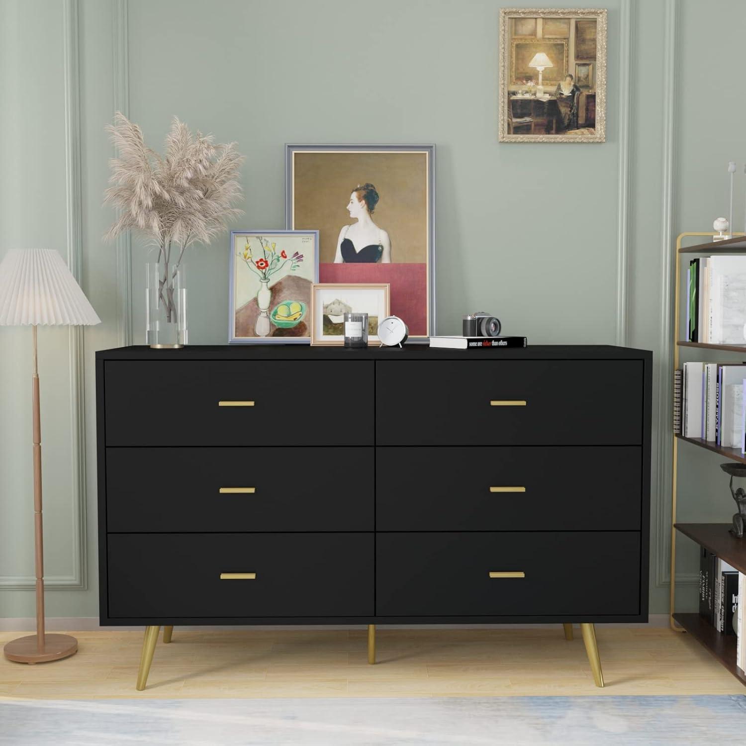 Black Modern 6-Drawer Dresser with Gold Handles