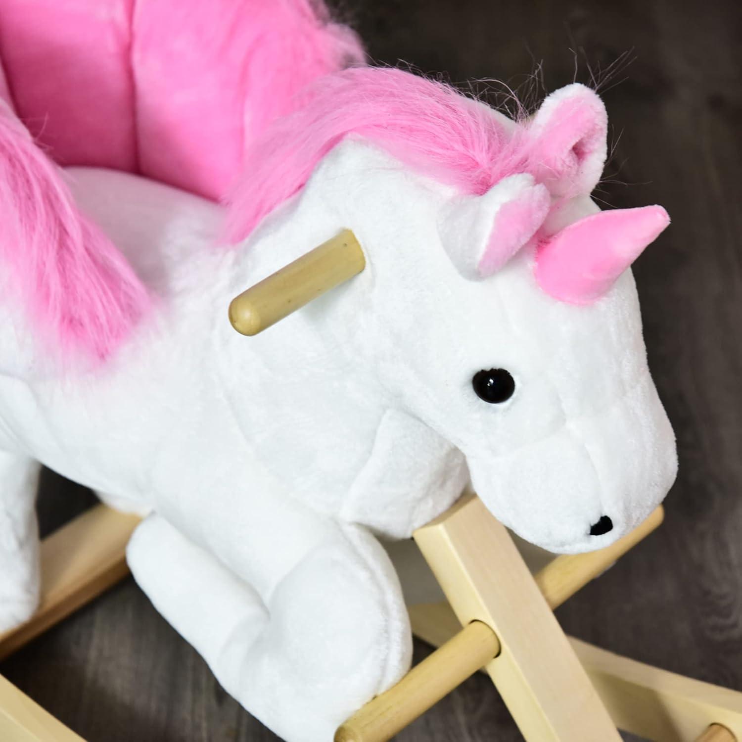 Qaba Kids Rocking Horse, Wooden Plush Ride-On Unicorn Chair Toy with Lullby Song for 18-36 months children