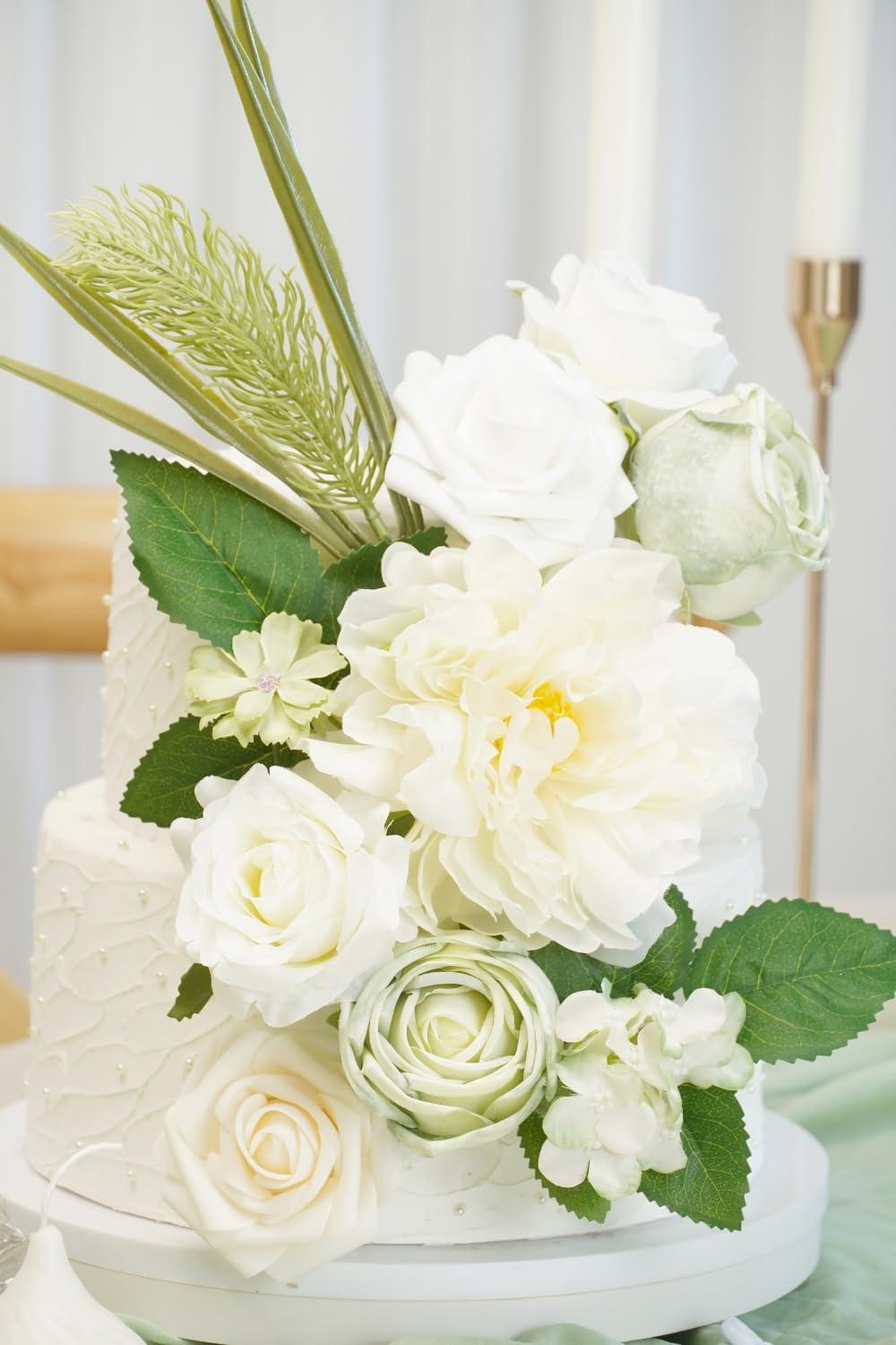 Artificial Flower Combination Box Set Artificial Flower Loose Leaves and Stems DIY Wedding Center Bouquet Bride Wedding Baby Shower(White)