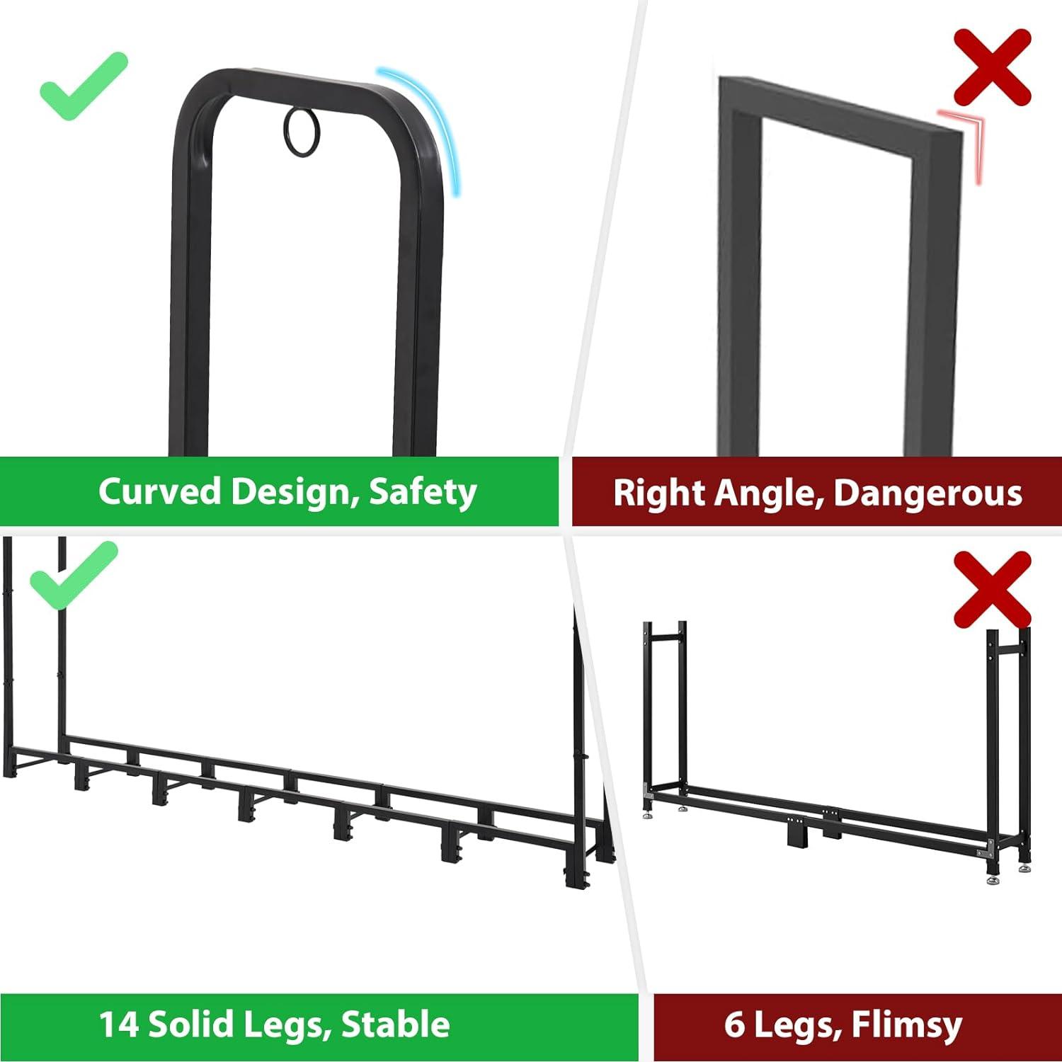 8ft Black Powder Coated Outdoor Firewood Rack with Cover