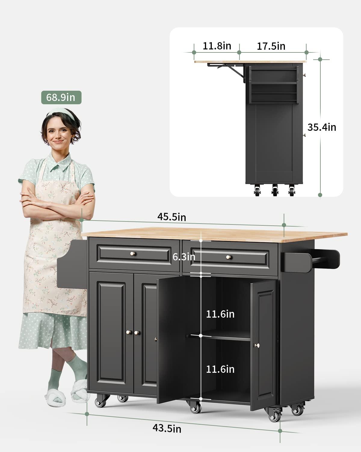 Kitchen Island Cart with Storage, Rolling Kitchen Island with Rubber Wood, Kitchen Island on Wheels with 5 Drawers, Storage Cabinet, 3 Open Shelves, Spice Rack, Towel Rack (Black)