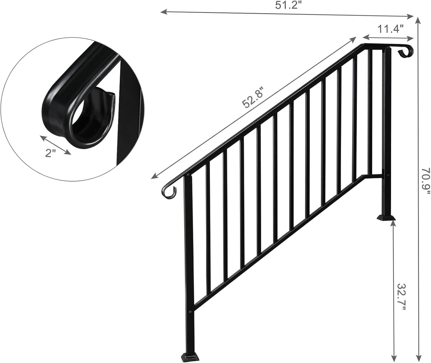 HLL Handrails for Outdoor Steps, Black Wrought Iron Handrail Fits 4 or 5 Steps, Transitional Handrail with Installation Kit, Stair Railing for Concrete Steps or Wooden Stairs