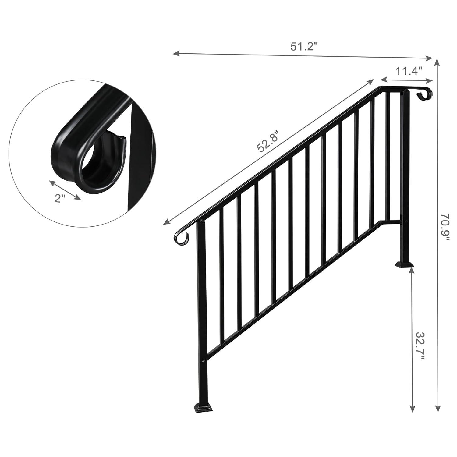 HLL Handrails for Outdoor Steps, Black Wrought Iron Handrail Fits 4 or 5 Steps, Transitional Handrail with Installation Kit, Stair Railing for Concrete Steps or Wooden Stairs