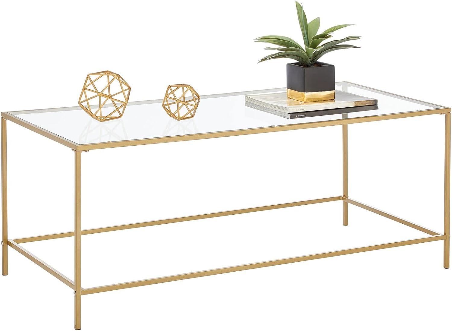 Soft Brass Rectangular Metal and Glass Coffee Table with Storage