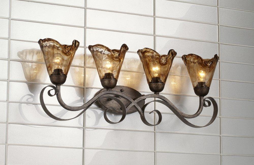 Franklin Iron Works Amber Scroll Rustic Wall Light Golden Bronze 29 1/2" Art Glass Fixture for Bedroom Bathroom Vanity Reading Living Room Hallway