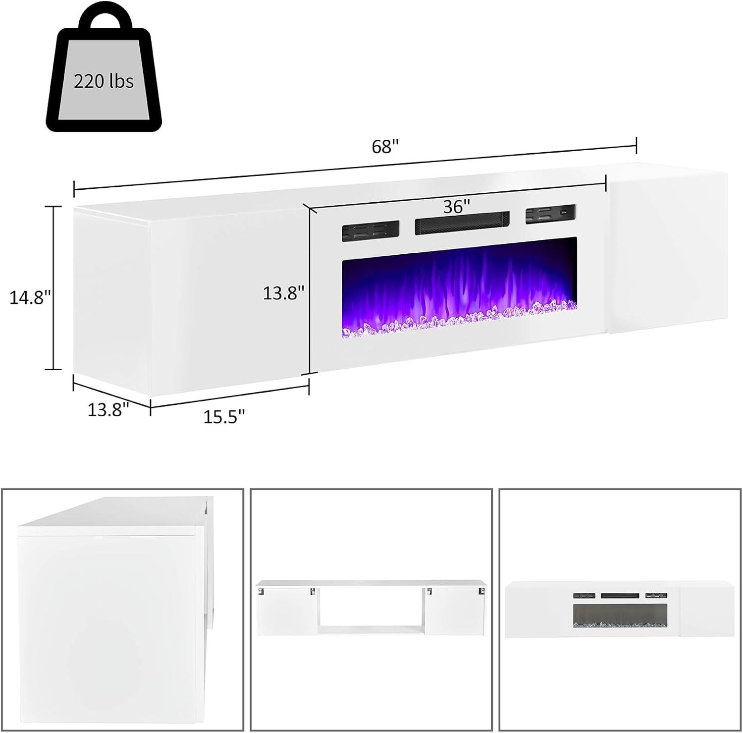 White Gloss Floating TV Stand with Electric Fireplace