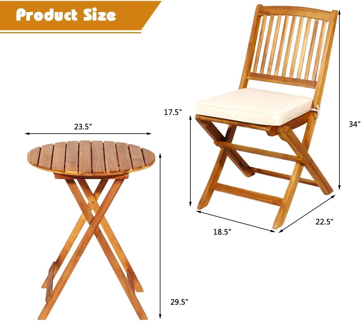 Giantex 3Pcs Patio Bistro Set, Wood Folding Table Set, 2 Cushioned Chairs for Garden Yard