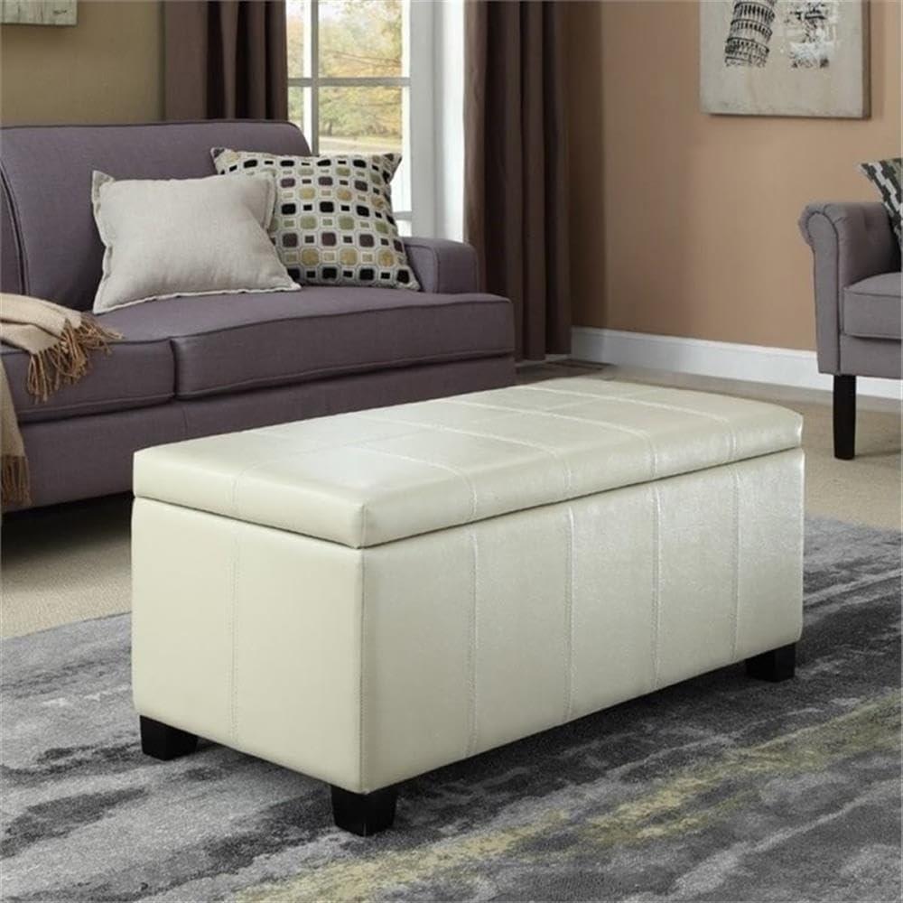 Simpli Home Dover Faux Leather Storage Bench in Cream