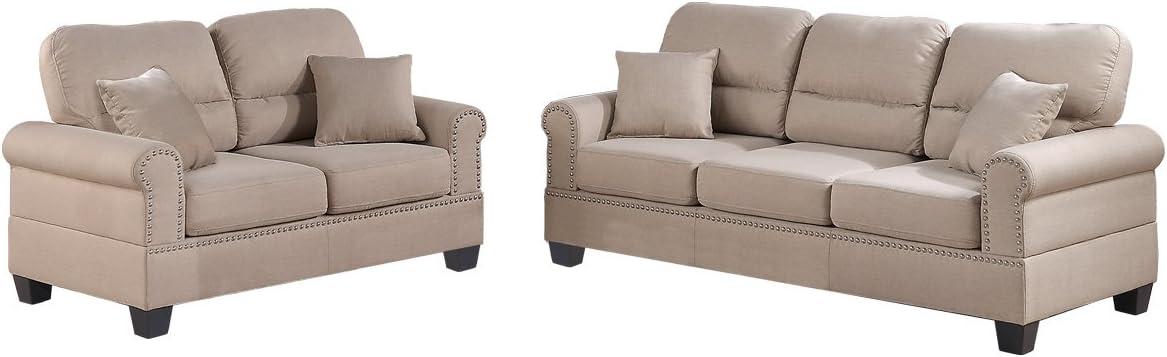 Sand Tan Fabric Sofa and Loveseat Set with Nailhead Trim