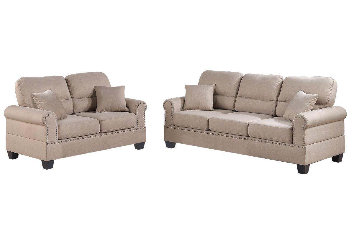 Poundex Furniture 2 Piece Fabric Sofa and Loveseat Set in Sand Tan Color