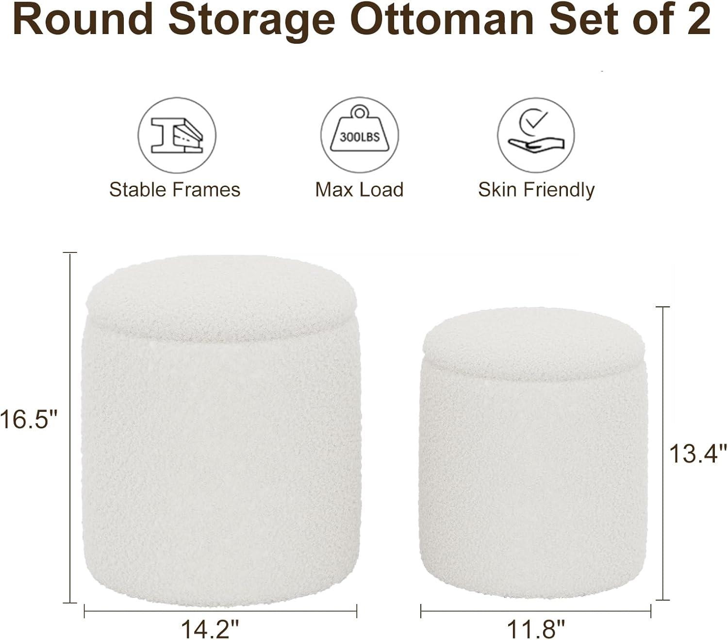 White Boucle Round Storage Ottoman Set with Wooden Lid