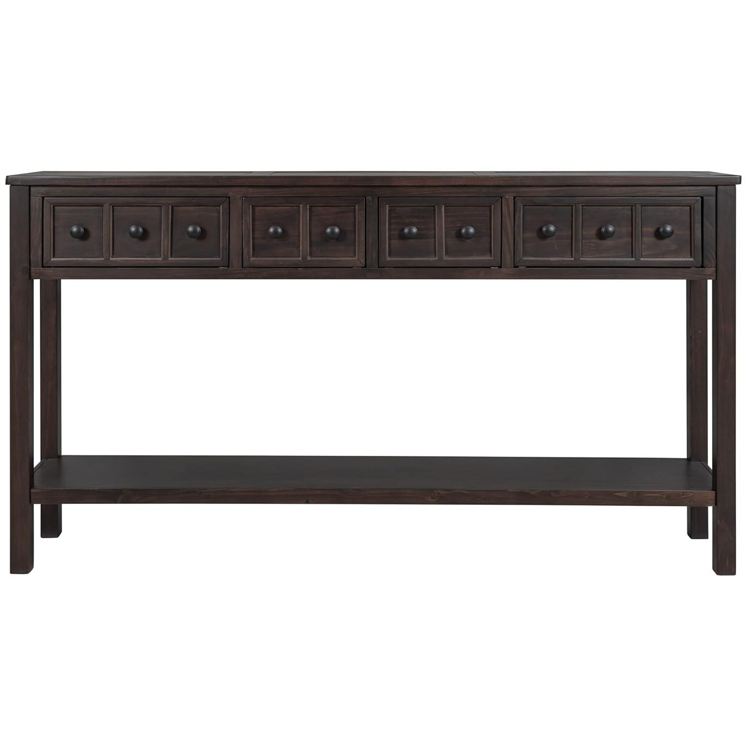 Merax Long Entryway Console Table with 4 Storage Drawers, 60" Solid Wood Sofa Table with Bottom Shelf, for Living Room Hallway, Espresso
