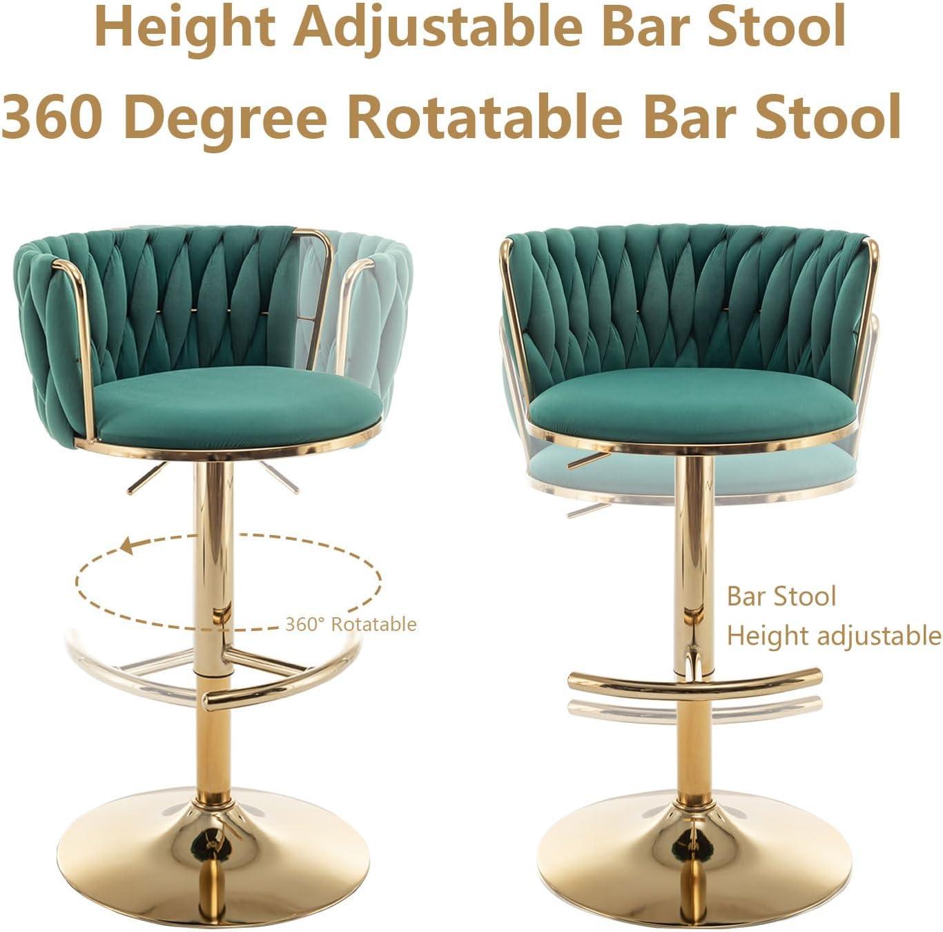 Emerald Green Velvet Adjustable Swivel Bar Stools with Gold Base, Set of 2