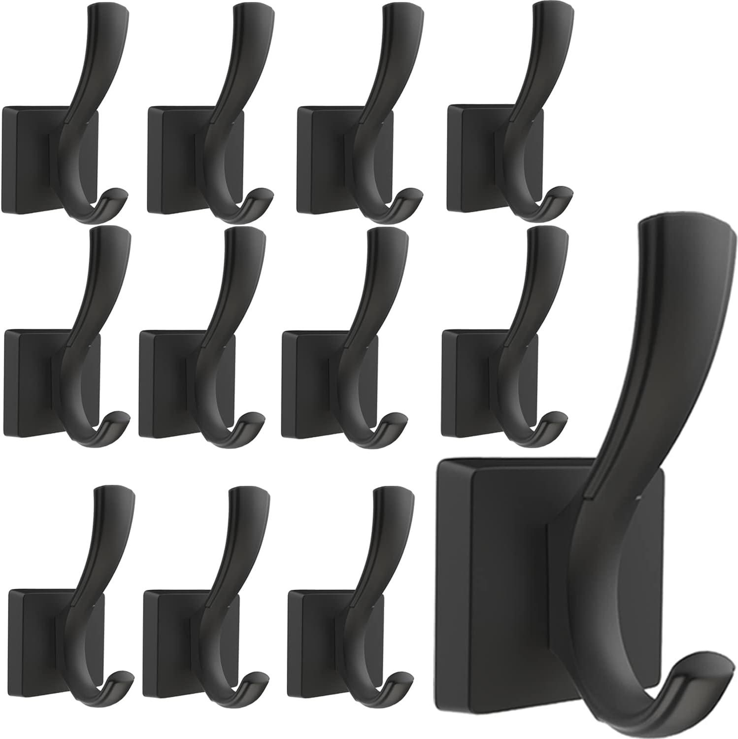 Black Aluminum Heavy Duty Wall Hooks for Coats and Towels, 12 Pack