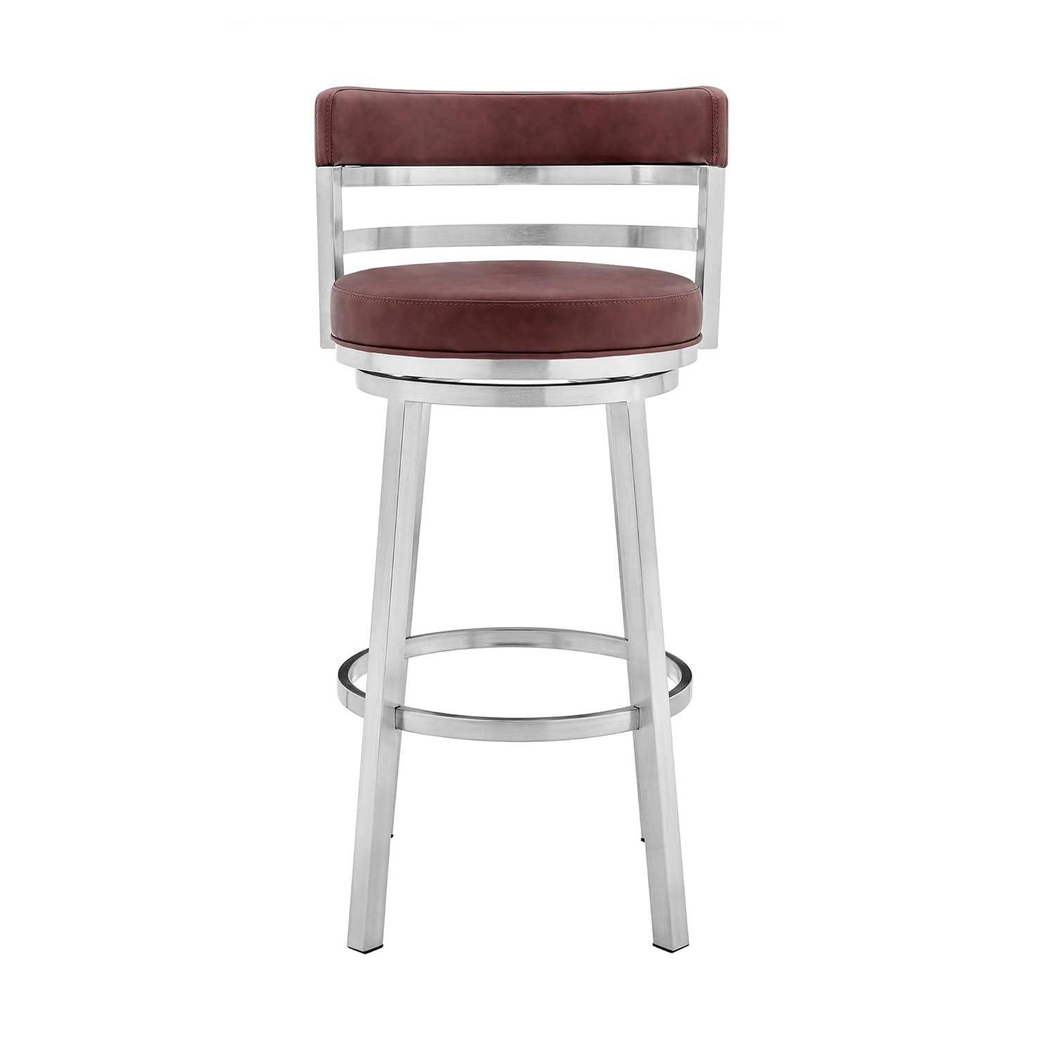 Armen Living Titana 30" Bar Height Swivel Red Faux Leather and Brushed Stainless Steel Bar Stool
