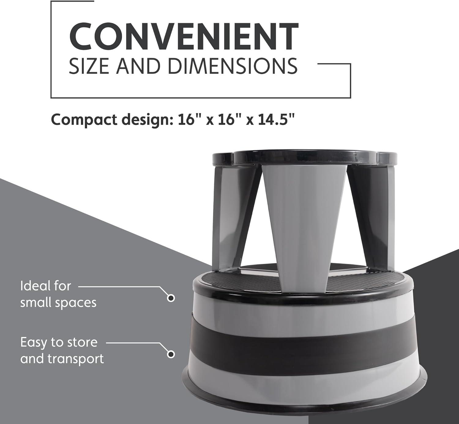 Gray 2-Step Rolling Steel Step Stool with Non-Slip Platform