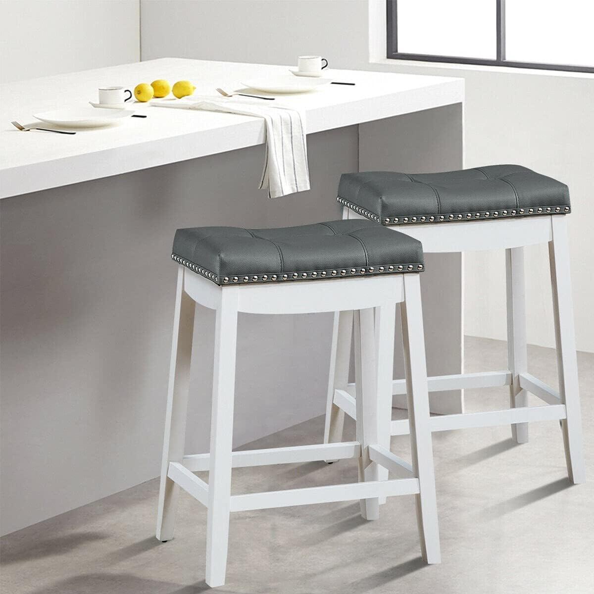 Angel Line Cambridge 24" Padded Saddle Stool, White w/ Gray Cushion, Set of 2