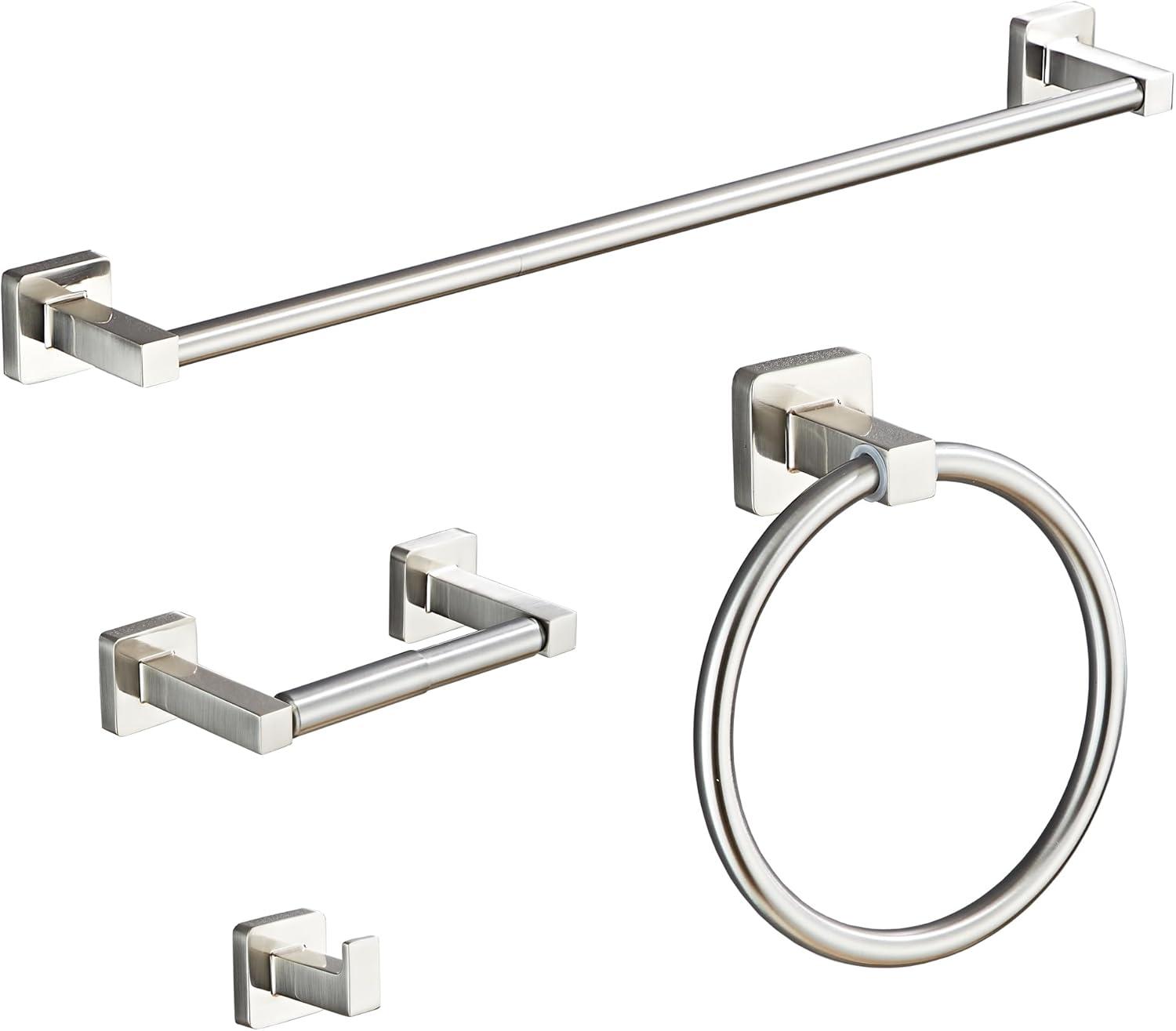 Brushed Nickel 4-Piece Bathroom Hardware Set with Towel Bar